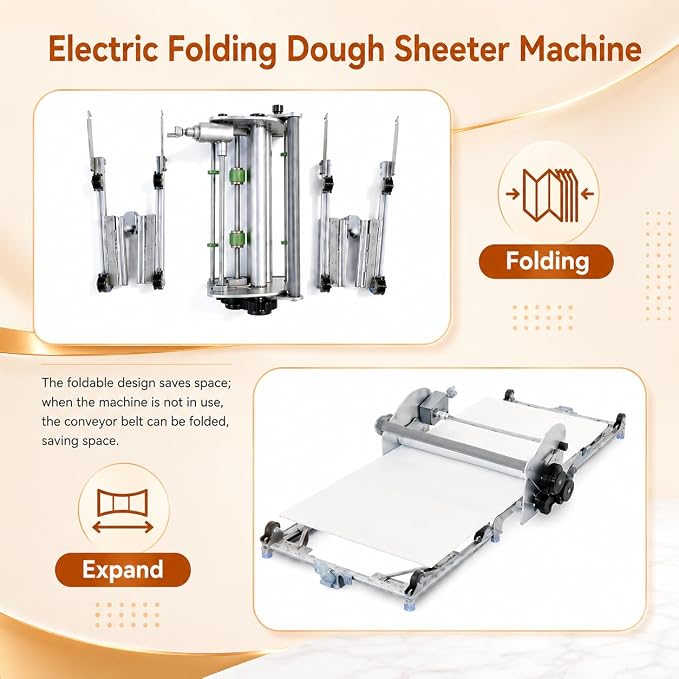 Electric Foldable Dough Sheeter, 51.18"×22.44" Working Surface, Commercial Stainless Steel Dough Roller, 10 Adjustable 2-30mm Thickness Heavy Duty Pasta Machine for Bakery Pizza Croissant Pastry