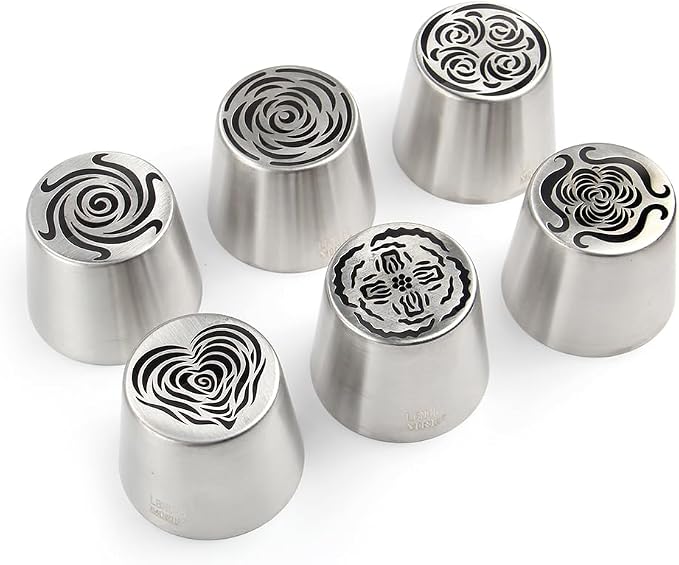 6 Pieces Stainless Steel Extra Large Russian Tulip Icing Tips Kit, Cupcake Dessert Marshmallow Piping Nozzles Set,1 Cleaning Brush,1 Medium Ruffle Icing Tip for Cake Decorations,Pastry Baking Tools