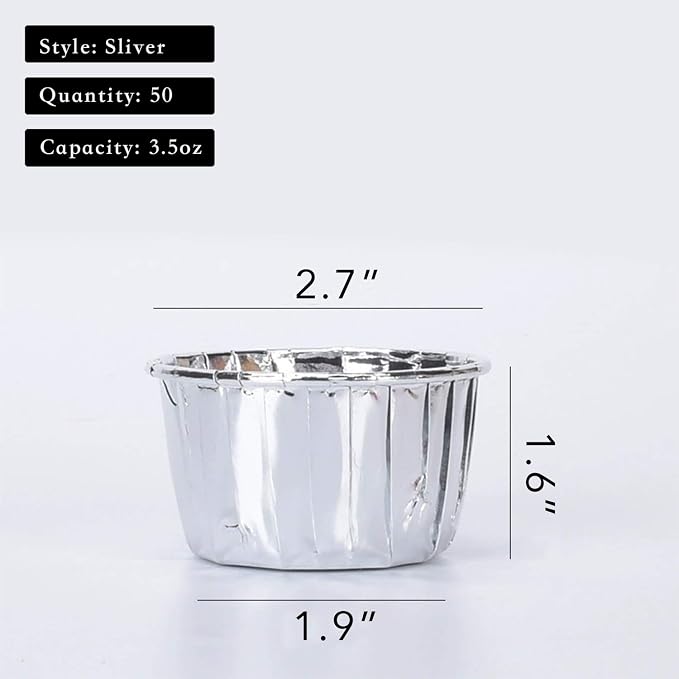 Party Hippo Cupcake Cups, 3.5 Oz 50 pcs Disposable Foil Muffin Liners, Gold Baking Cups, Ramekin Aluminum Cupcake Tip Pan Ramekin Holders, Little Baking Cups (50, Sliver)
