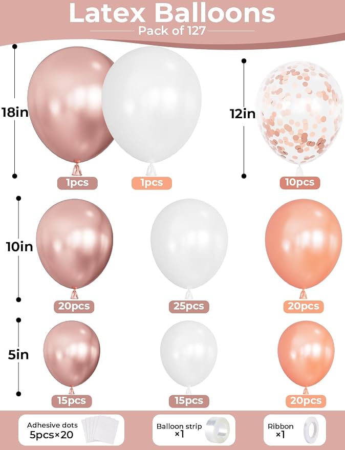 Rose Gold Balloon Garland Arch Kit, Metallic Rose Gold Pearl White and Glitter Confetti Balloons, Rose Gold Party Decor for Wedding Backdrop, Birthday, Baby Shower, Photo Booth, Retirement Party Decor