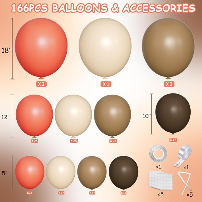 MEBAY Dusty Orange and Brown Balloon Arch Kit, 166Pcs Burnt Orange Camel Chocolate Brown Nude Balloons Garland for Boho Thanksgiving Autumn Baby Shower Fall Birthday Decorations