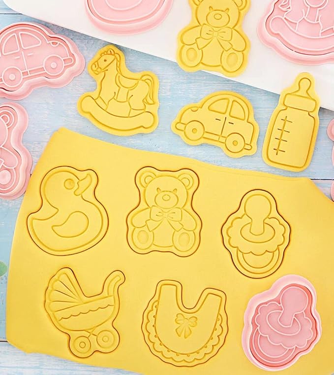 8 Pieces Cute Baby Shower Cookie Cutters Plastic Newborn party Cookie Stamps Cookie Mould Press Babies Shower Cookie Mould Set Baking Kitchen Tools