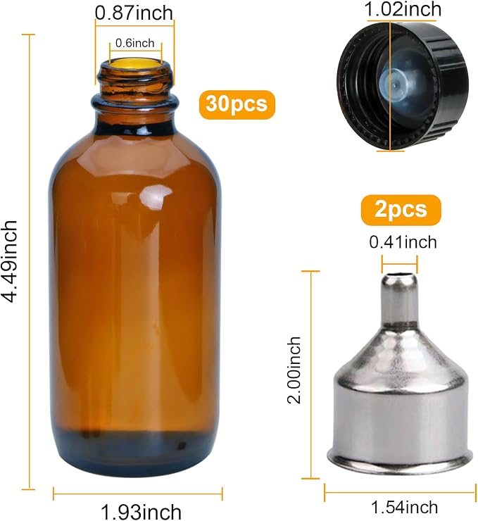 YINGERHUAN 4 oz Amber Glass Bottles - Small Glass Jars with Black Lids Empty Boston Bottle,Dispensing Bottles for Homemade Vanilla Extract, Essential Oils, Herbal Medicine (30)