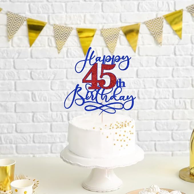 Happy 45th Birthday Cake Topper,Black font Golden Numbers 45th Birthday Cake Decoration，Hello 45, Cheers to 45 Years/45th Anniversary ，45& Fabulous Party Decoration
