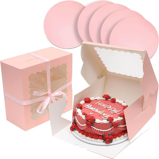 Bakepacker 36pcs 10x10x5 Inches Pink Cake Boxes with Window 18-Packs, 10 Inch Bakery Boxes (18 Cake Boxes +18 Cake Boards Included)