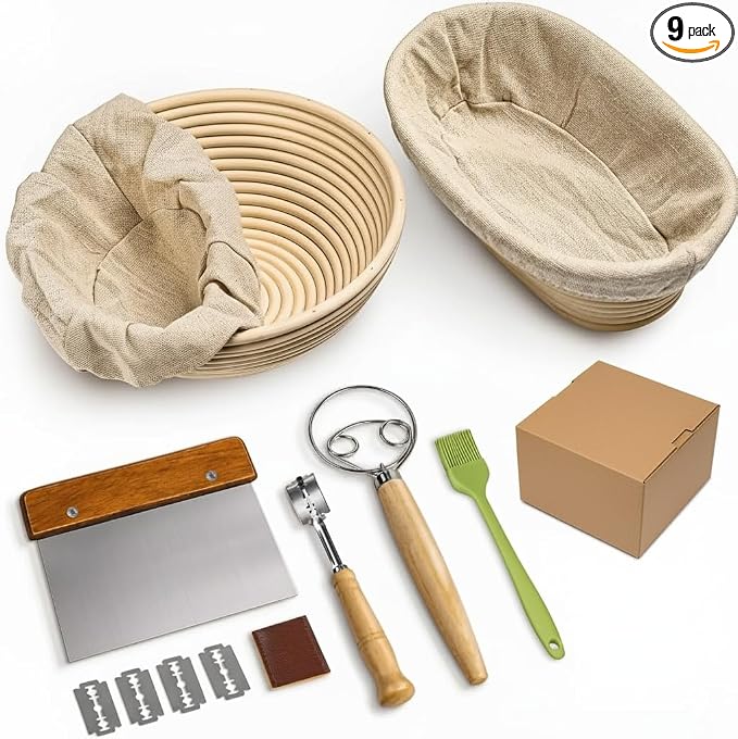 Premium Bread Proofing Basket Set – 9" Round & 10" Oval Sourdough Baskets with Dough Whisk, Bread Lame, Scraper & Silicone Brush – Rattan Bread Baking Kit for Perfect Fermentation & Artisan Loaves