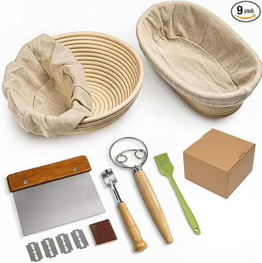 Premium Bread Proofing Basket Set – 9" Round & 10" Oval Sourdough Baskets with Dough Whisk, Bread Lame, Scraper & Silicone Brush – Rattan Bread Baking Kit for Perfect Fermentation & Artisan Loaves