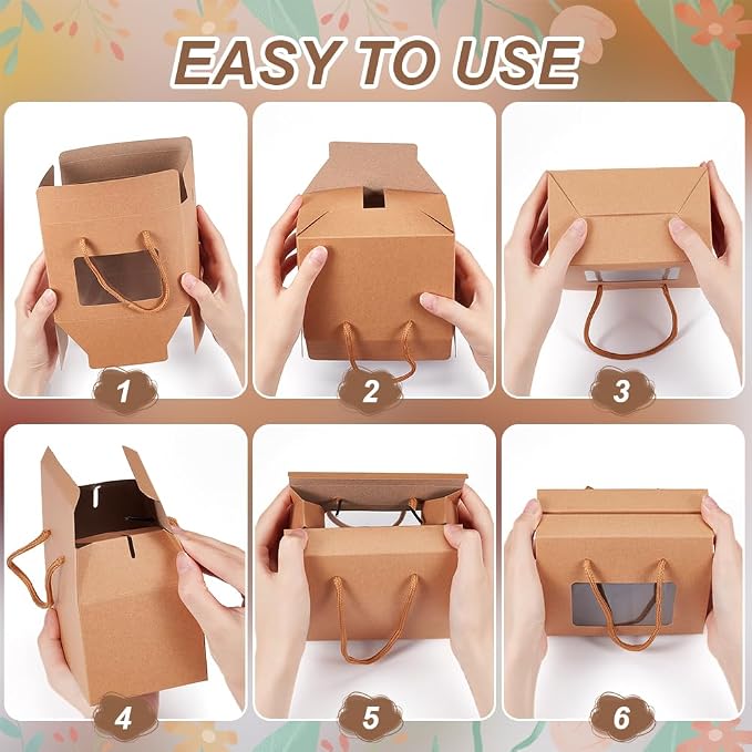 BENECREAT 20 Packs Kraft Paper Stand Up Gift Box Bags 5.9x3.5x4.7 Inch, BurlyWood Cupcakes Cookies Box with Clear Window and Handle for Packaging, Retail, Party, Gifts, Wedding, Business