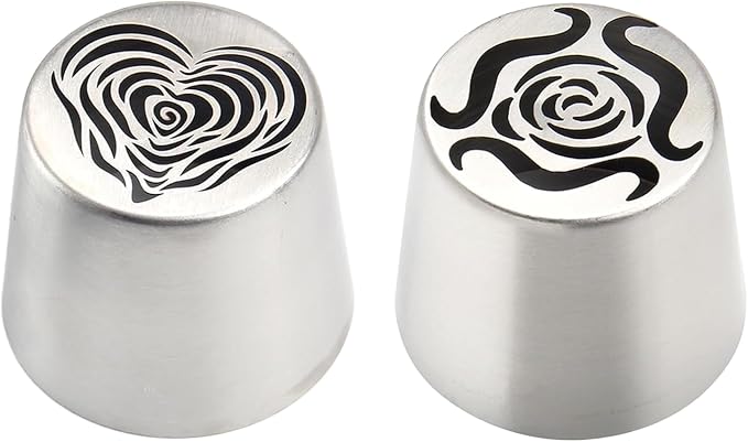 2 Extra Large Russian Piping Tip, 44mm Stainless Steel Rose Flower Nozzle for Cake Decorating, Frosting, Dishwasher Safe, Large Flower Icing Tips for Beginners & Pros (Rose and Heart)