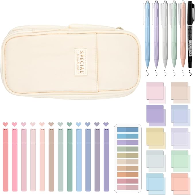 Jutom 39 Pcs Aesthetic Book Annotation Kit Highlighter with Case Bag Gel Pen Transparent Sticky Note Taking Bible Supplies(Cream,Cute Style)