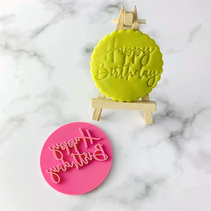 2 PCS Happy Birthday Fondant Embosser，Cookie Stamps，Fondant Letter Stamps，Birthday Cookie Cutters，Embosser Stamp，Happy Birthday Stamp，DIY Baking Cake/Sugar Paste/Cupcake/Chocolate (3.15 Inch, Pink)