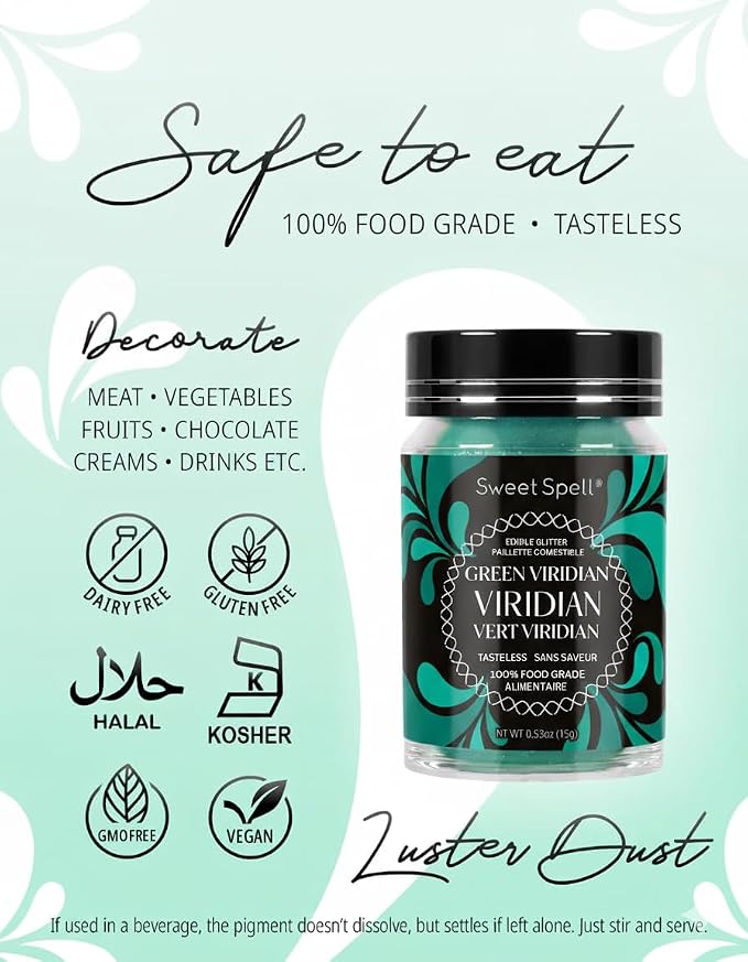 Sweet Spell Luster Dust Edible Glitter (15g) - Shimmer Pearl Dust Powder for Decorating Cakes, Chocolate, Drinks, Cocktails - 100% Edible, Food Grade, Vegan, Gluten-Free (Mermaid Green)