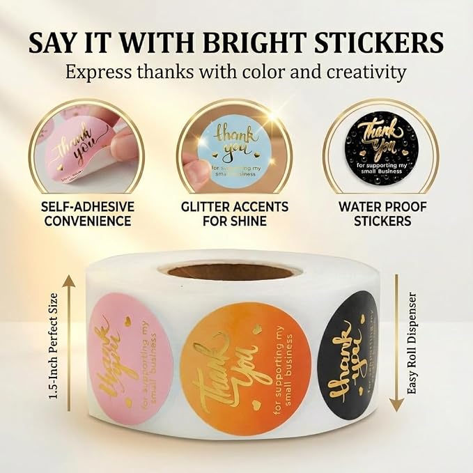 800 Thank You for Supporting My Small Business Stickers – 1.5" Round Labels (5 Designs, Multicolor) for Small Business, Packaging, and Bakery – Self-Adhesive Waterproof Thank You Sticker Roll