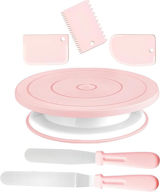 Cake decoration kit baking supplies cake turntable with 2 right angle spatulas and 3 smoothie scraper baking accessories for beginners and professionals, pink