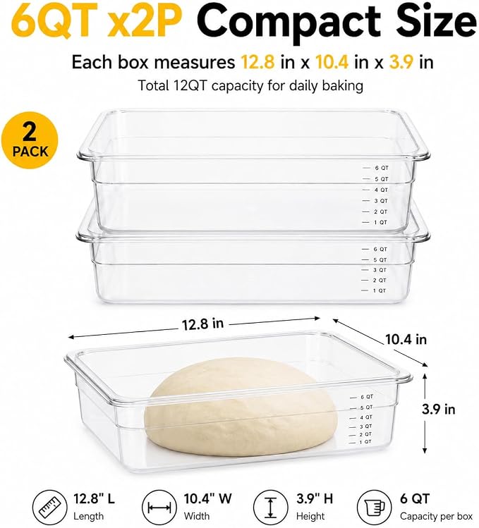 Sourdough Proofing Containers, 2 Pack 6QT Clear Dough Rising Boxes with Lids, Stackable Bulk Fermentation Containers for Bread Baking, Sourdough & Pizza Dough