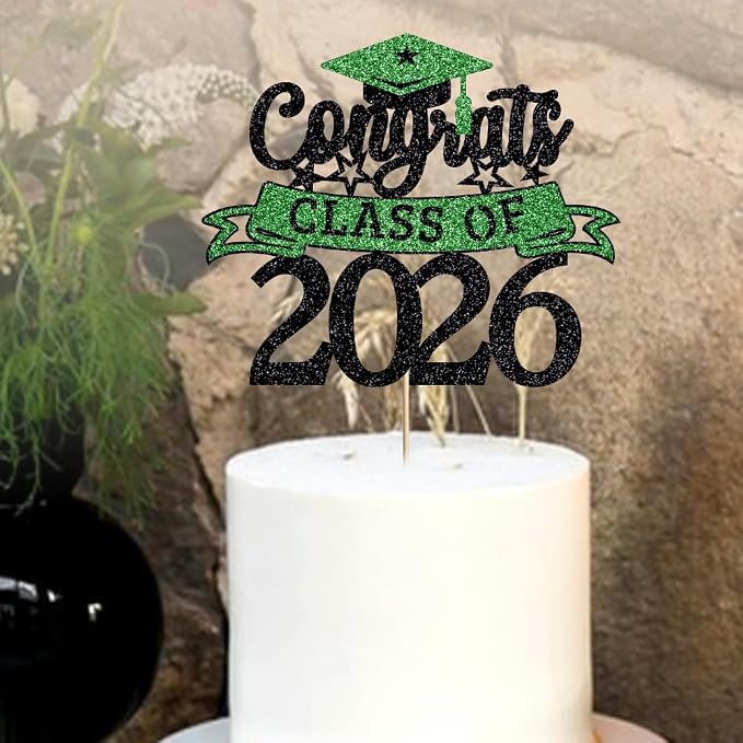 Glitter Class of 2026 Cake Topper，Congrats Grad Decorations， 2026 Happy Graduation High School/College/University Graduation Party Supplies