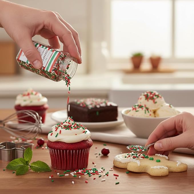 Red, Green & White Christmas Sprinkles Jimmies 3.17 oz, Sprinkles For Cake Decorating, Cake Sprinkles, Sprinkles For Baking, Ice Cream & More, The Hampton Candy Company