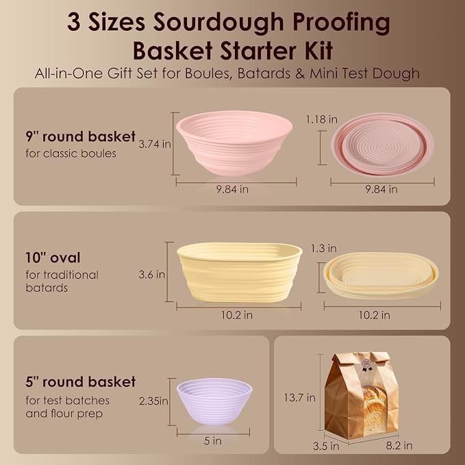 Silicone Banneton Bread Proofing Baskets, Sourdough Starter Kit Baking Supplies - 5'' and 9" Round, 10" Oval Foldable Non-Stick Dough Proofing Bowl Containers Sets Gifts