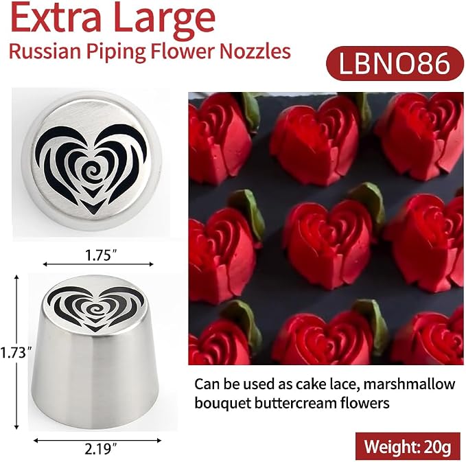 Extra Large Russian Piping Tip Set - 6 Stainless Steel Marshmallow Buttercream Framing Nozzles for 3D Roses Tulip Cake Decorations and Marshmallow Bouquets, Includes 1 Cleaning Brush(6I)