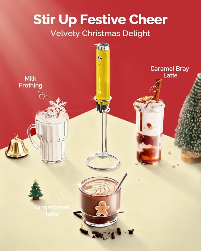 Maestri House Rechargeable Milk Frother with Stand, LunaFro Handheld Foam Maker for Lattes & Cappuccino, Christmas Gift for Coffee Lovers, Warm Yellow