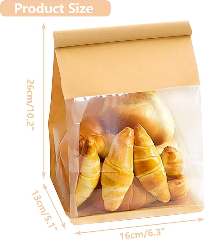 Heavy Duty Paper Bread Bags with Tin Tie Tab Lock 50PCS, Loaf Bag with Clear Front Window, Storage Packaging Treat Bag for Bakery Cafe Homemade Bread 10.2" × 5.1" × 6.3"