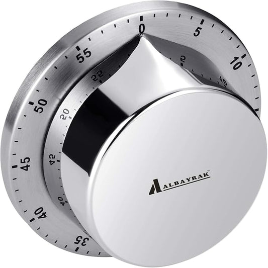 Albayrak Kitchen Timer, Chef Cooking Timer Clock with Loud Alarm, No Batteries Required, 100% Mechanical - Magnetic Backing, Exquisite Stainless Steel Body - Countdown Reminder - Silver 1Pack