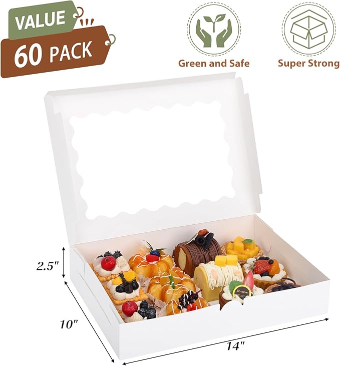 Moretoes 60pcs Cookie Boxes, 14x10x2.5 Inch Bakery Boxes with Window, for Donuts, Pies, Cakes, Muffins, and Pastries