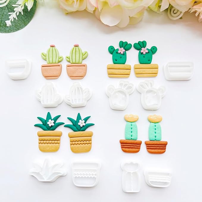 Cute Cactus Polymer Clay Cutters Set - 10pcs Cartoon Succulent Plant & Flower Pot Shapes for DIY Earring Jewelry Making, Soft Clay Crafts, Scrapbooking & Miniature Decor