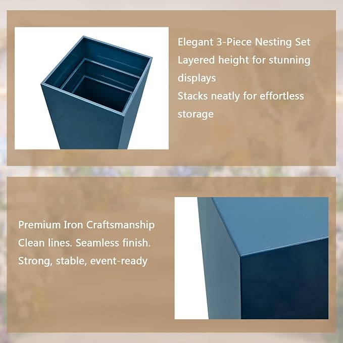 SwallowLiving 3PCS Metal Blue Display Pedestal Stand for Parties, Square Tall Pedestal Cake Stands Pillars for Wedding, Sculpture Display Stand Column Decoration
