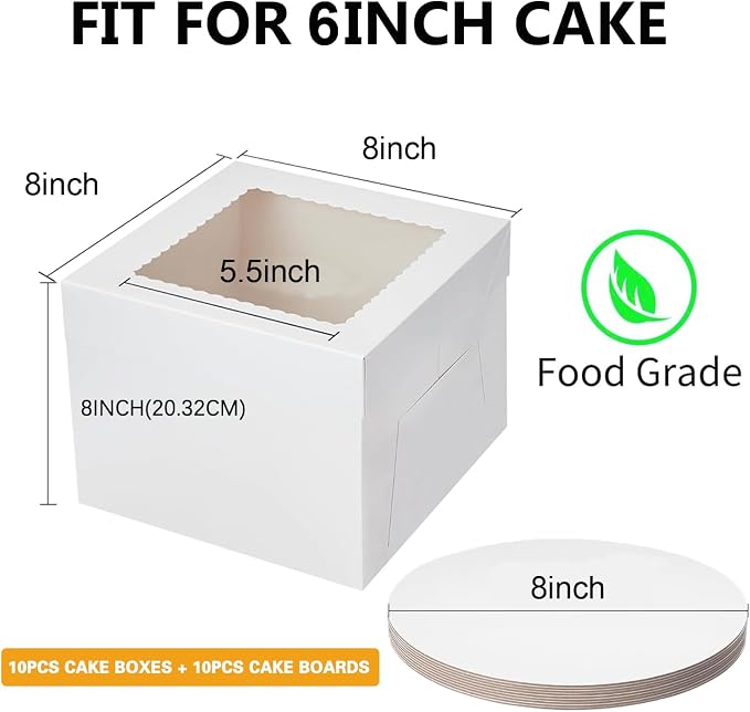 20Pack 8 Inch Cake Boxes With Cake Boards (10 boxes & 10 boards), 8X8X8Inch White Bakery Boxes With Windown For Cajas Pasteles, Cookie, Pastries, Pie, Bakers, Wedding, Birthday, Fathers day