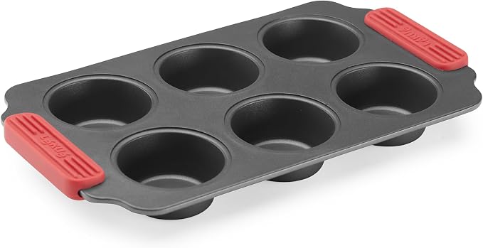 Lékué Non-Stick 6 Hole Muffin Mold - Carbon Steel Oven Baking Pan with Platinum Silicone Handles, Even Heat, Dual Non-Stick Ceramic Coating, Scratch Resistant, PFOA & PFA-Free, 12.2 x 7.1 x 1.5"