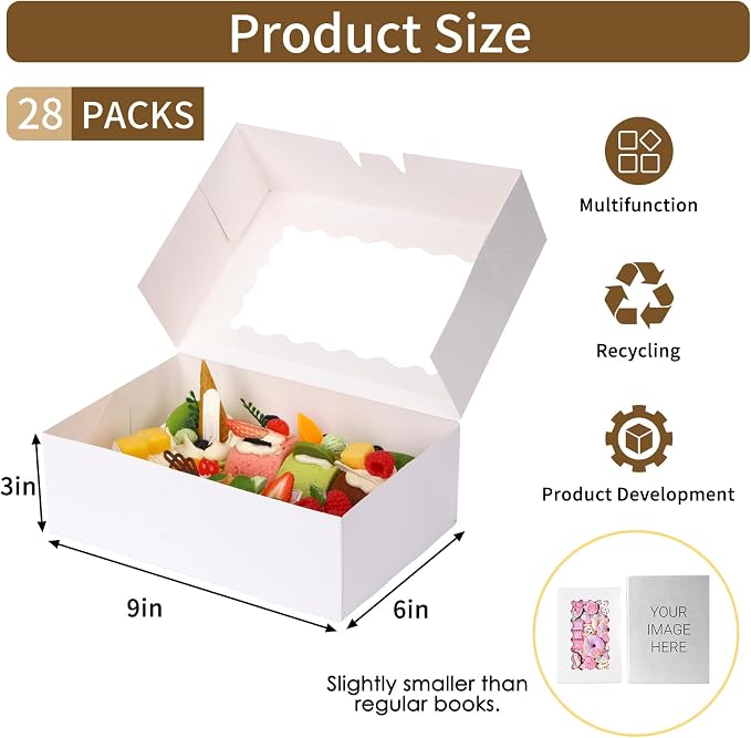 Moretoes 28pcs Cookie Boxes with Window, 9x6x3 Inch White Bakery Boxes Dessert Container for Pastries, Chocolate Covered Strawberries, Easter Candy, Muffins, Donuts