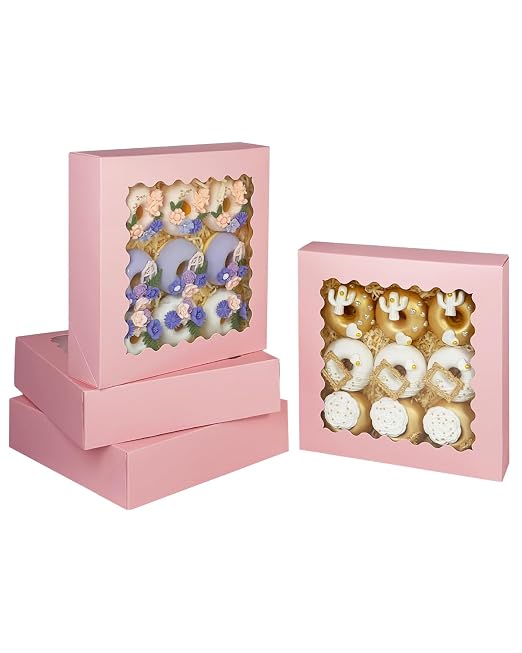 Bakepacker 90pcs Pink Pie Boxes 8x8x2.5 inches Easy Assemble Macaroon Cookie Boxes Bakery Boxes with Window for Bakery (Auto-pop Up)