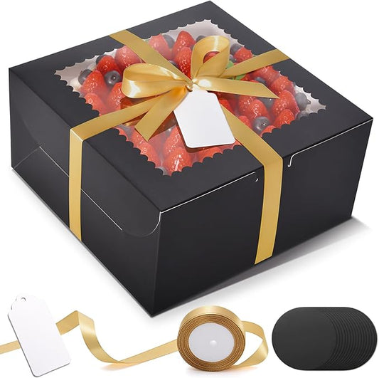 32Pcs 10 Inch Cake Boxes with Cake Boards (16Pcs Black Cake Boxes, 16Pcs Cake Boards), 10x10x5 Inch Bakery Boxes with Window, Cake Carrier Container for Birthday Party, Wedding