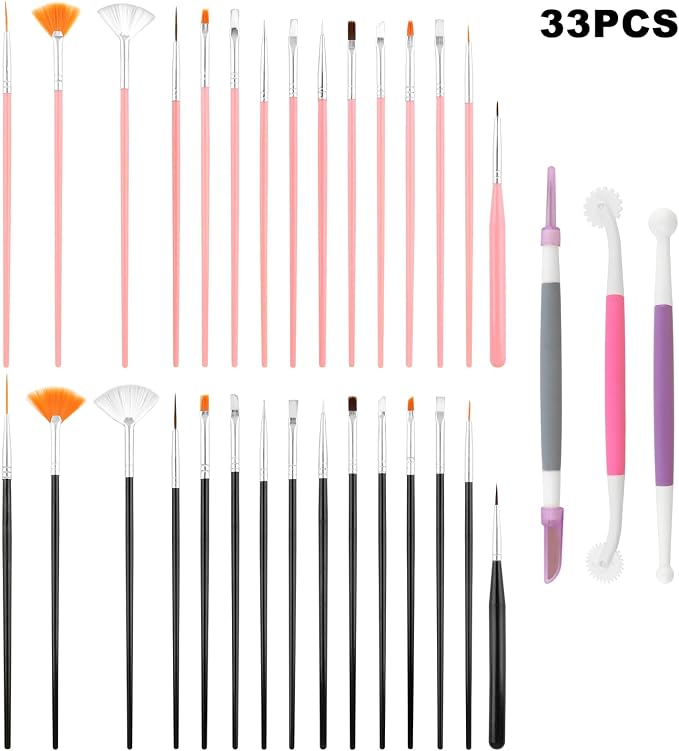 30Pcs Cake Decorating Brushes,Food Safe Cookie Paint Brushes Kit,with 3pcs Cake Carving Tools,Multi Function Fondant Cookie Icing Pastry Brush,DIY Painting Tool for Baking Craft