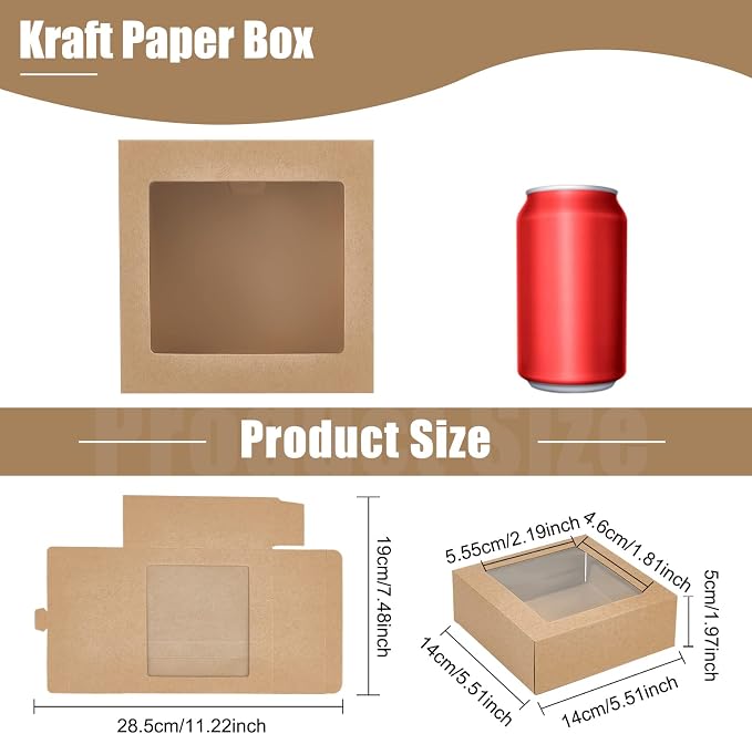 BENECREAT 16Packs 5.5x5.5x2inch Clear PVC Square Window Gift Boxes, Brown Kraft Paper Present Boxes for Wedding Gift, Chocolates, Cookies and Other Small Crafts