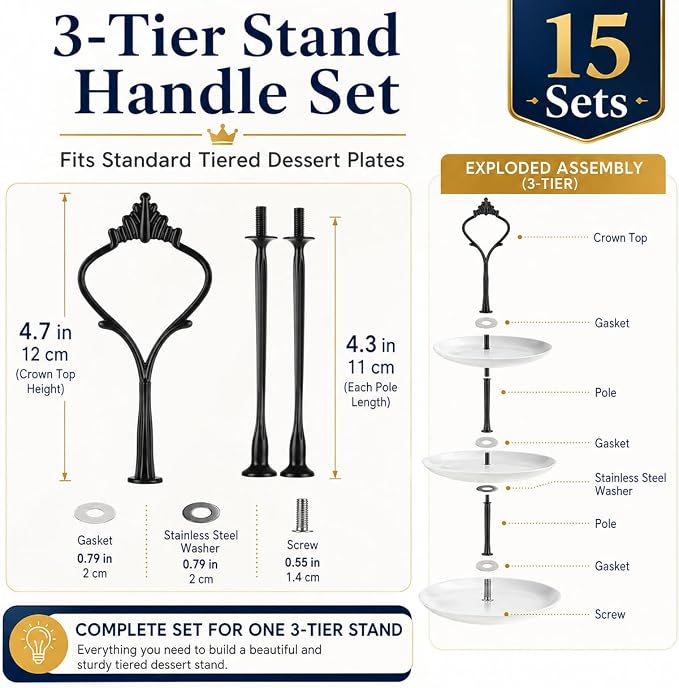 15 Pcs Tiered Tray Hardware Kit Crown Handle Zinc Alloy Black 3-Tier | Black finish for farmhouse and modern trays; complete rods washers screws for repeat cake stand builds