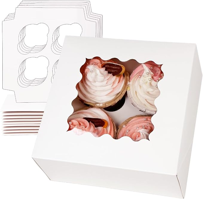 qiqee Auto-pop Up Cupcake Boxes with Window White 100PCS 4 Count Cupcake Box 6.3"x6.3"x3" Cupcakes Carrier, 4 Cupcake Containers