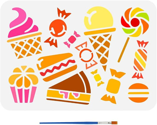 FINGERINSPIRE Desserts Stencils with a Paint Brush 11.7x8.3Inch Candy Lollipops Stencils Cake Ice Cream Pattern Stencil Macarons Painting Stencil Daily Themes Desserts Template for DIY Crafts