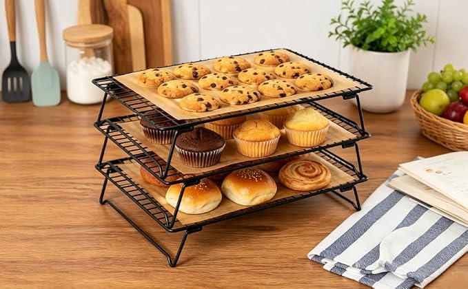 3 Pcs Stackable Cooling Racks with Collapsible Legs, Tiered Cooling Racks with 50 Sheets Baking Paper, 11.81 x 7.87 Inches, Collapsible Ventilation Holder for Cookies, Cakes, Roasting, Drying
