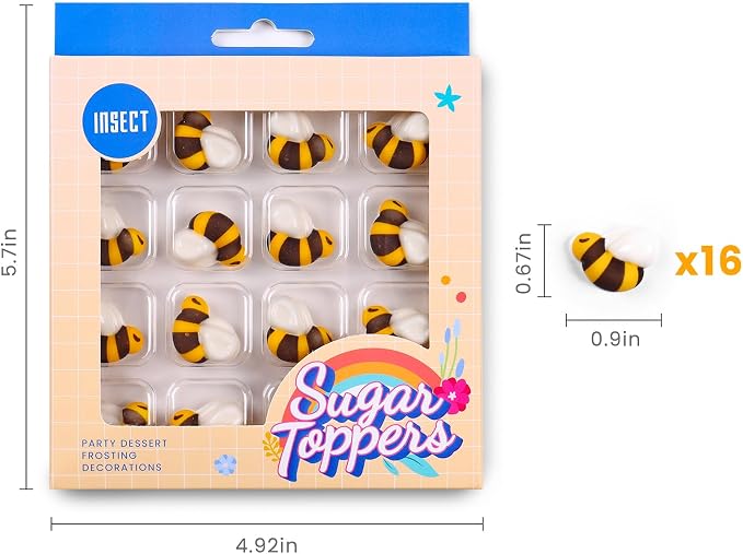 Edible Bee for Cake Decorating, 16pcs Bee Sprinkles, Royal Icing Bees for Cake, Cupcake, Macaron, and Waffles, Perfect for Bee Theme Parties, and Baby Shower