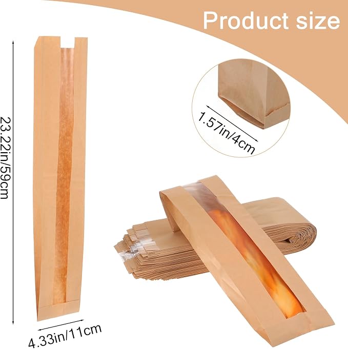 100 Pack 23.22 x 4.33 x 1.57 Inch Baguette Bread Bags with Clear Window, Long French Bread Bag, Paper Bakery Storage Bags for Homemade Breads, Pastries, and Snack