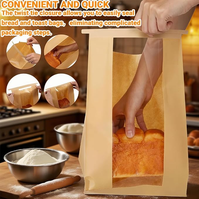 Sourdough Bread Bags with Tin Tie Lock 120 Pack 11.8x3.5x4.7 Inch Paper Bread Bags for Homemade Bread Cookie Bags with Clear Window 1000 Labels Bakery Bags for Bread Storage Baked Goods Packaging