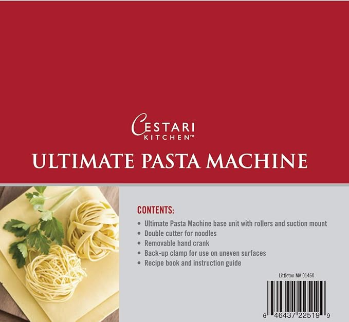 Cestari Ultimate Pasta Machine - Unique Patented Suction Base for No-Slip Use of Stainless Steel Pasta Roller Machine - 150 mm - Includes Pasta Cutter, Hand Crank, and Recipes