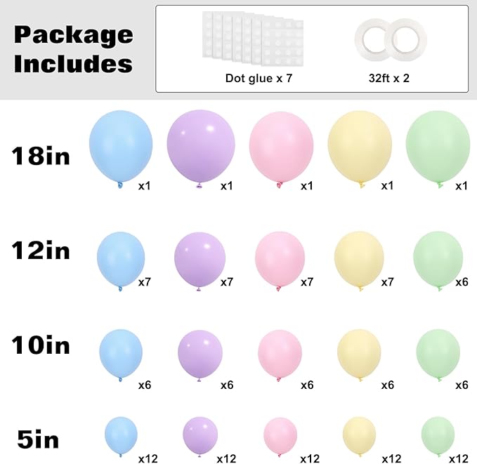 RUBFAC 129pcs Pastel Balloons Different Sizes 18 12 10 5 Inch, Macaron Rainbow Easter Balloon Arch Kit for Baby Shower Birthday Party Gender Reveal Garland Decoration