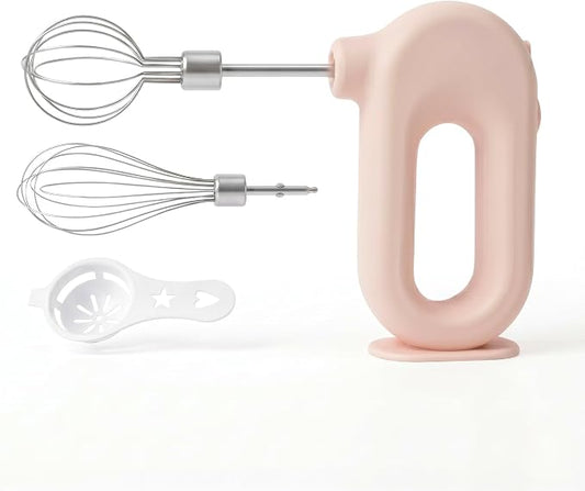 Colorful Mini Cordless Hand Mixer, Self-Standing USB Rechargeable Handheld Egg Beater with 4 Speeds & 2 Whisks, Lightweight Portable Electric Whisk for Kitchen Baking and Cooking(Pink)