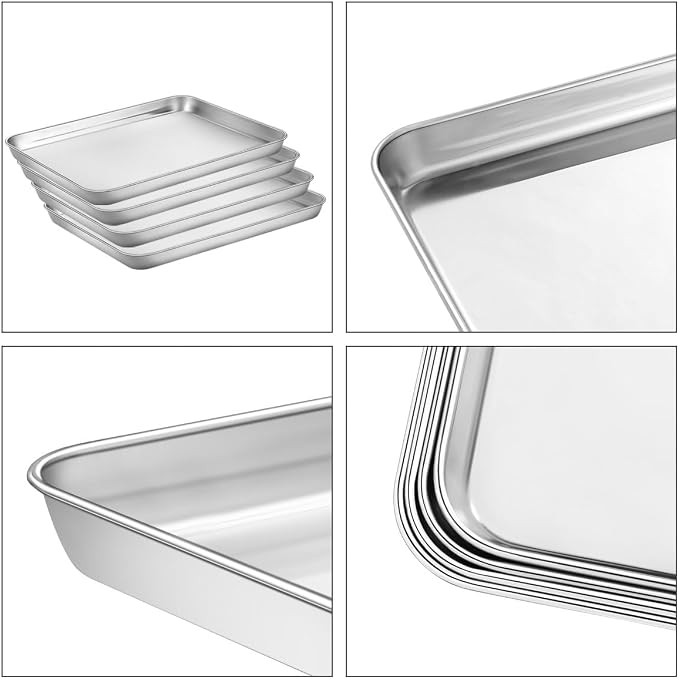Yododo Baking Sheets Set of 4, Stainless Steel Cookie Pan Tray For Oven, Size 12.25 x 9.65 x 1 inch, Heavy Duty, Deep Edge, Superior Mirror Finish, Dishwasher Safe
