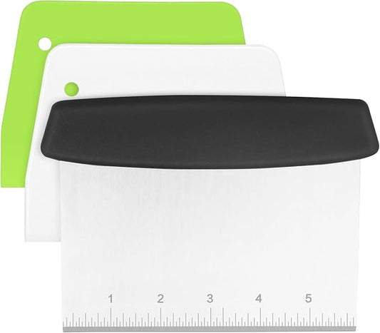 Dough Scraper Set of 3 with Handle and Scale Stainless Steel Dough Scraper, Plastic Shape Spatula for Cutting Pizza, Pastry, Bread, Baking and Spreading