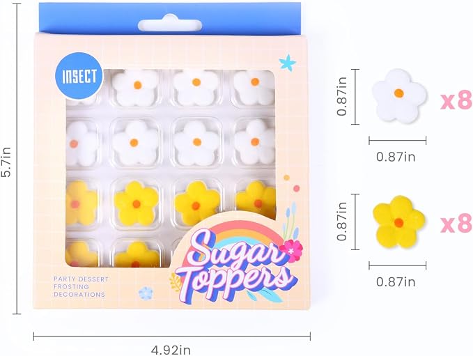 Edible Flowers for Cakes: 16 yellow and white sugar flowers for cake decorating, ready to use for cupcakes, brownies, pastries, and candies. The size is about 0.87 inches wide
