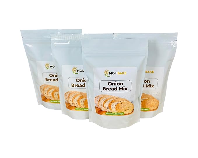 Molibake Onion Bread Mix – Pack of 4 – Premium All-Natural Baking Mix for Bread Machine and Oven – 14 oz – Gourmet Blend with Dried Onion Flakes, Sunflower Seeds, Rye Malt Flour – Easy-to-Use Bread Maker Mix for Homemade Baking